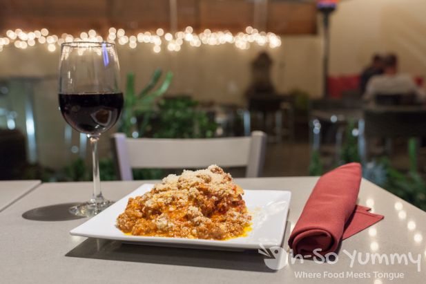 Lasagna and wine at SoleLuna Cafe in San Diego