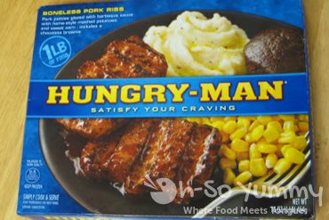 Hungry-Man boneless pork rib with mashed potatoes, corn and brownie (image from brandeating.com) Hungry-Man boneless pork rib with mashed potatoes, corn and brownie (image from brandeating.com)