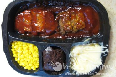 Hungry-Man boneless pork rib with mashed potatoes, corn and brownie (image from brandeating.com) Hungry-Man boneless pork rib with mashed potatoes, corn and brownie (image from brandeating.com)