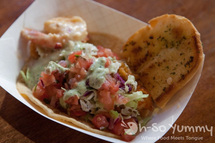 Taste of Downtown 2014 - fish taco, shrimp and garlic bread at Rockin' Baja Lobster Taste of Downtown 2014 - fish taco, shrimp and garlic bread at Rockin' Baja Lobster