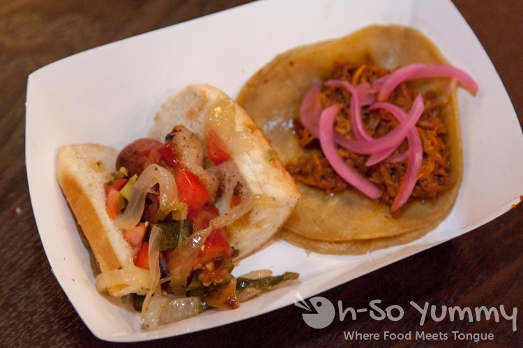 Taste of Downtown 2014 - bacon wrapped hot dog and taco at La Puerta Taste of Downtown 2014 - bacon wrapped hot dog and taco at La Puerta