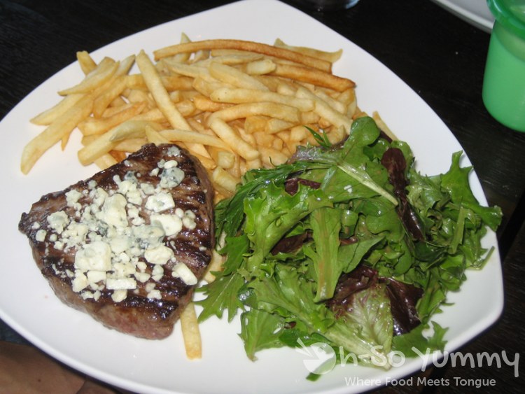 Certified Angus Top Sirloin with Bleu Cheese Crumble, French Fries and Salad Certified Angus Top Sirloin with Bleu Cheese Crumble, French Fries and Salad