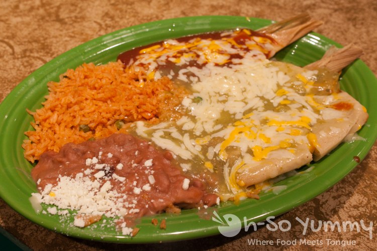 tamale combo of verdes, rojo, and santa fe at Cafe Coyote in Old Town San Diego tamale combo of verdes, rojo, and santa fe at Cafe Coyote in Old Town San Diego