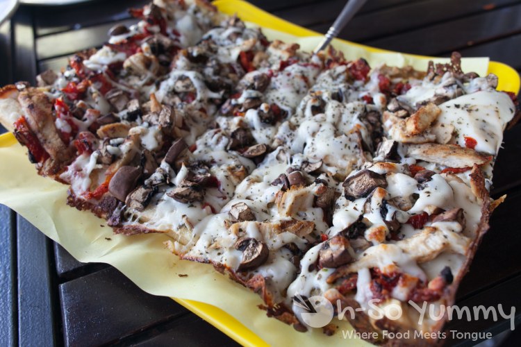 Pesto Chicken Delight Pizza at Cuscatlan Salvadorian Cuisine in Escondido Pesto Chicken Delight Pizza at Cuscatlan Salvadorian Cuisine in Escondido