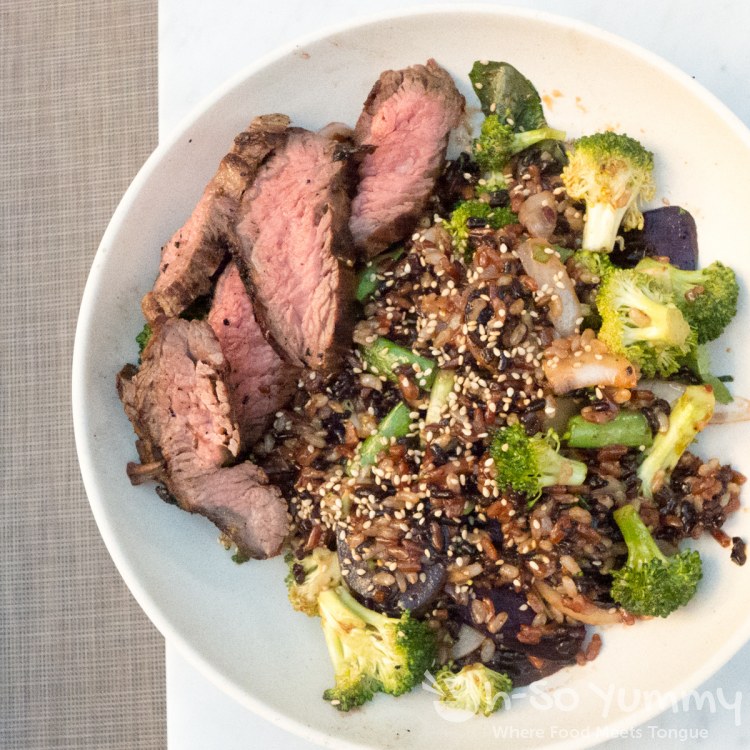 forbidden rice with steak at Flower Child (Flower Hill Promenade) in Del Mar forbidden rice with steak at Flower Child (Flower Hill Promenade) in Del Mar