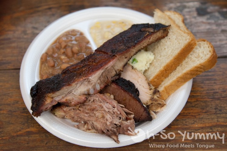 pork ribs, brisket, beans, creamed corn at Harmon's Bar-B-Q and Catering pork ribs, brisket, beans, creamed corn at Harmon's Bar-B-Q and Catering