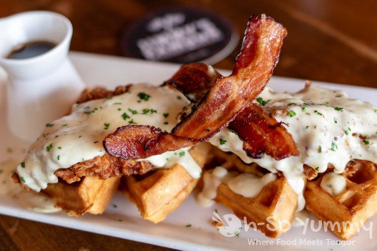 Buttermilk Fried Chicken and Malted Ale Waffles at Jimmy's Famous American Tavern in San Diego Buttermilk Fried Chicken and Malted Ale Waffles at Jimmy's Famous American Tavern in San Diego