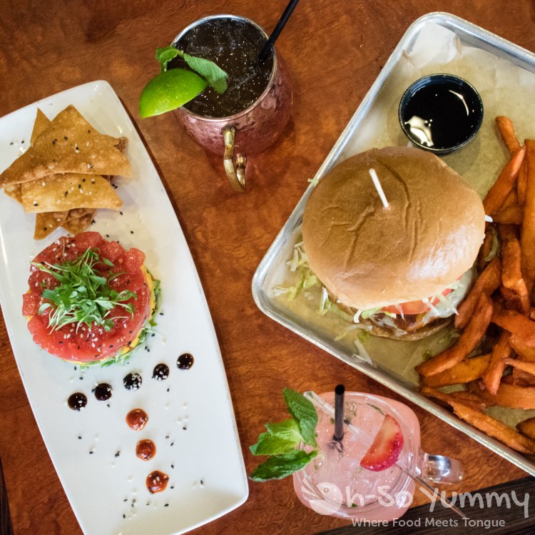 ahi tower and burger and cocktails at Nicky Rottens in Coronado California ahi tower and burger and cocktails at Nicky Rottens in Coronado California