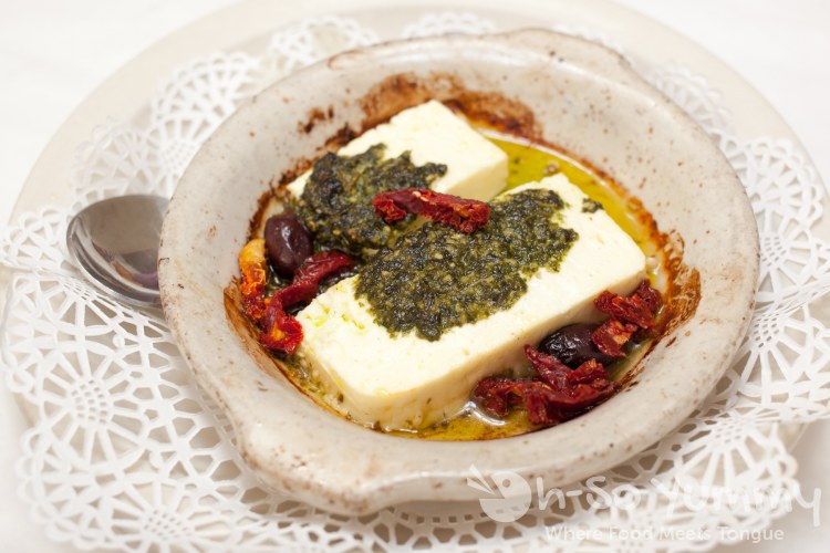 pesto baked feta at Old Venice restaurant in San Diego pesto baked feta at Old Venice restaurant in San Diego