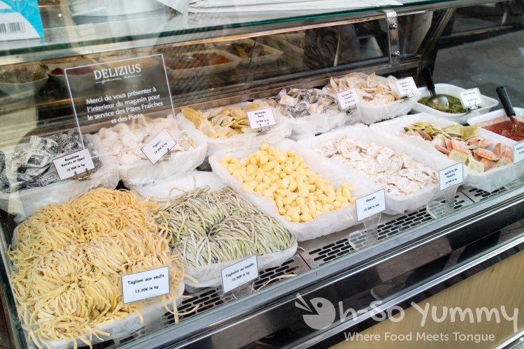 fresh pasta on display at market in Paris France fresh pasta on display at market in Paris France