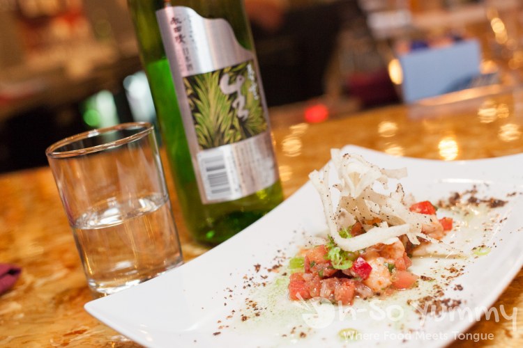 Wild Local Halibut Ceviche and Seikyo Omachi Junmai Ginjo Namazake at Saiko Sushi in North Park Wild Local Halibut Ceviche and Seikyo Omachi Junmai Ginjo Namazake at Saiko Sushi in North Park