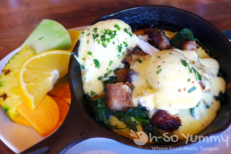Niman Ranch Pork Belly cast iron skillet benedict at Sea and Smoke restaurant Niman Ranch Pork Belly cast iron skillet benedict at Sea and Smoke restaurant