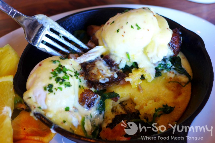 Niman Ranch Pork Belly cast iron skillet benedict at Sea and Smoke restaurant Niman Ranch Pork Belly cast iron skillet benedict at Sea and Smoke restaurant