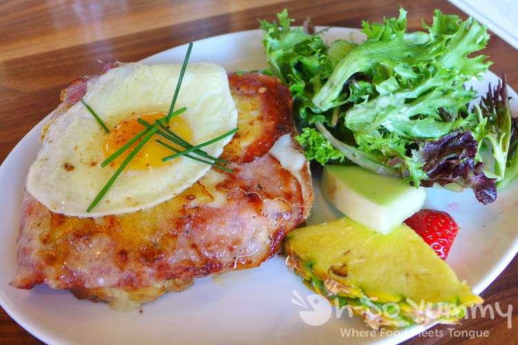 Croque-Madame with brioche, swiss, ham, egg at Sea and Smoke restaurant Croque-Madame with brioche, swiss, ham, egg at Sea and Smoke restaurant