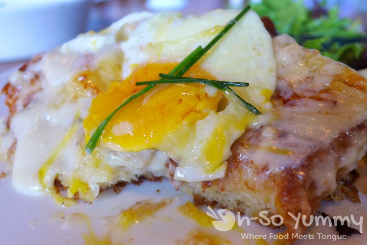 Croque-Madame with brioche, swiss, ham, egg at Sea and Smoke restaurant Croque-Madame with brioche, swiss, ham, egg at Sea and Smoke restaurant