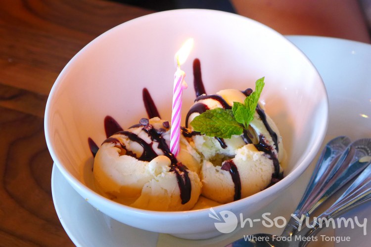 French Vanilla Ice Cream for birthday dessert at Sea and Smoke restaurant French Vanilla Ice Cream for birthday dessert at Sea and Smoke restaurant