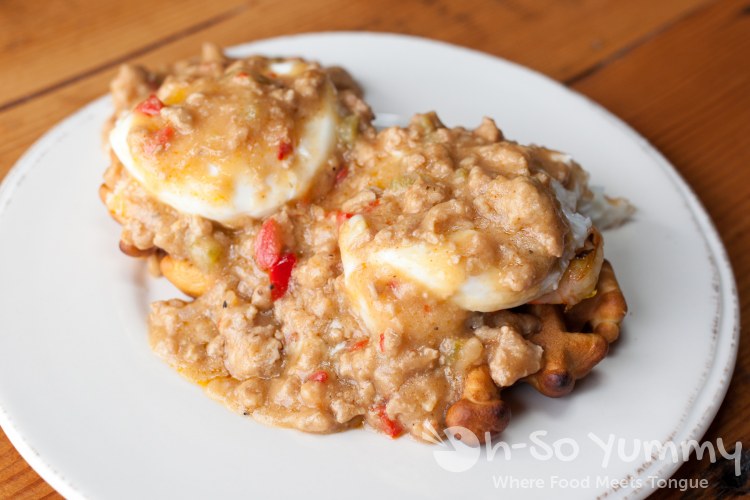 cajun shrimp benedict at The Rail restaurant and nightclub in Hillcrest San Diego cajun shrimp benedict at The Rail restaurant and nightclub in Hillcrest San Diego