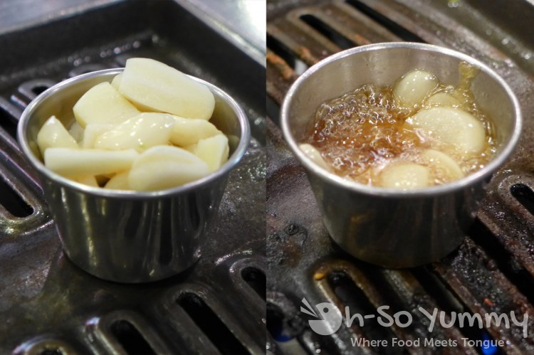 Tsuruhashi Japanese BBQ - garlic before and after grilling Tsuruhashi Japanese BBQ - garlic before and after grilling