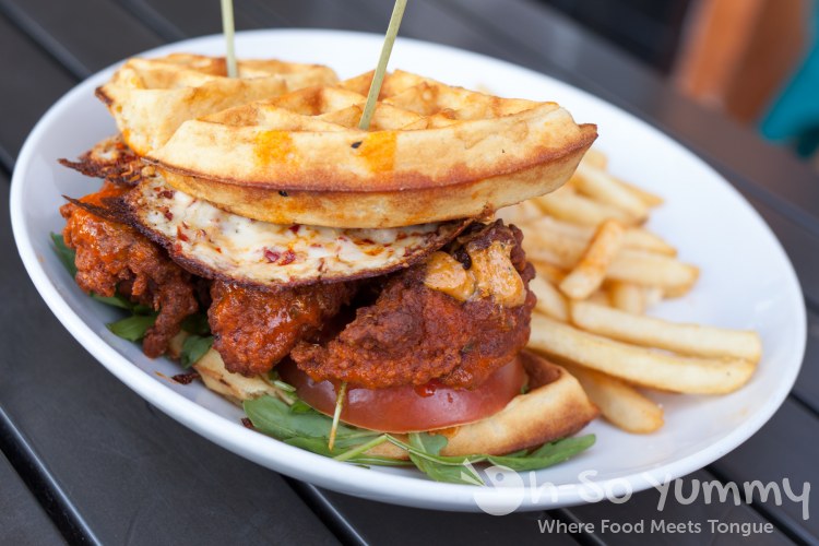 Hot Chicken Waffle Sandwich at West Coast Tavern in San Diego, CA Hot Chicken Waffle Sandwich at West Coast Tavern in San Diego, CA