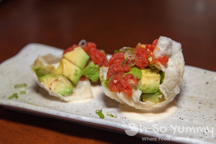 carpaccio avocado on wonton skin at Yu Me Ya Sake House carpaccio avocado on wonton skin at Yu Me Ya Sake House
