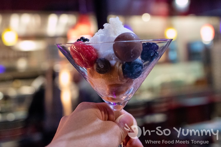 Coconut ice cream with fried bananas berries and chocolate dessert during omakase at Too Sushi Project Coconut ice cream with fried bananas berries and chocolate dessert during omakase at Too Sushi Project