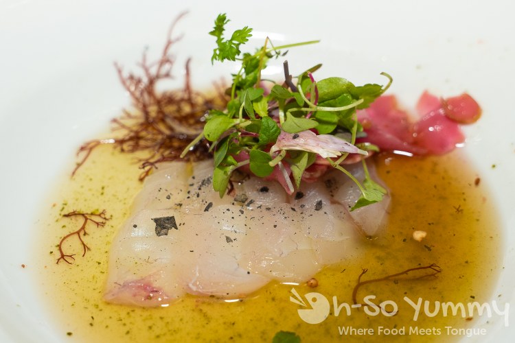 Seabass Sashimi in Fig Water at Wrench and Rodent in Oceanside Seabass Sashimi in Fig Water at Wrench and Rodent in Oceanside